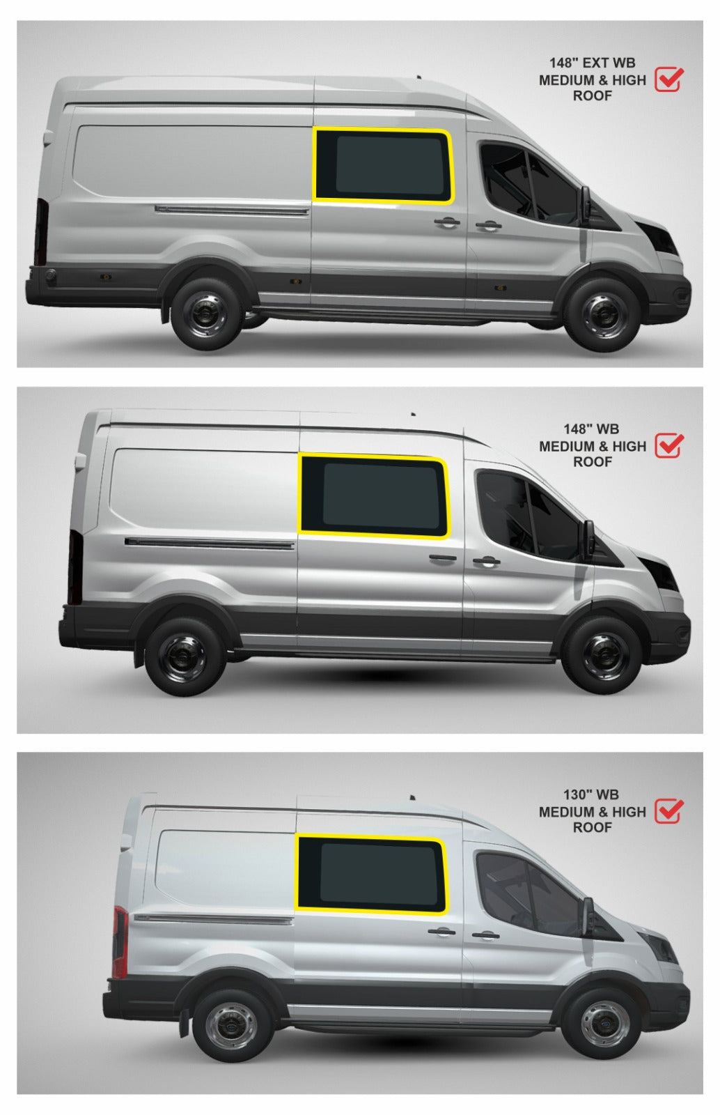 VWD TR201-F Solid Fixed Glass Window — Passenger-Side Sliding Door, Ford Transit (High / Medium Roof)