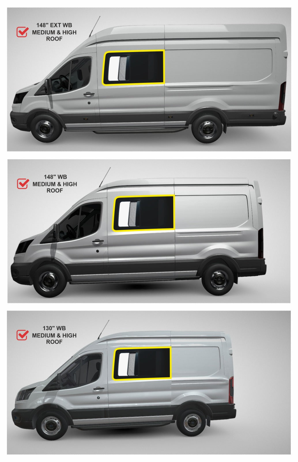VWD TL201-SE SE-Series Sliding Van Window — Driver-Side Forward, Ford Transit (High / Medium Roof)
