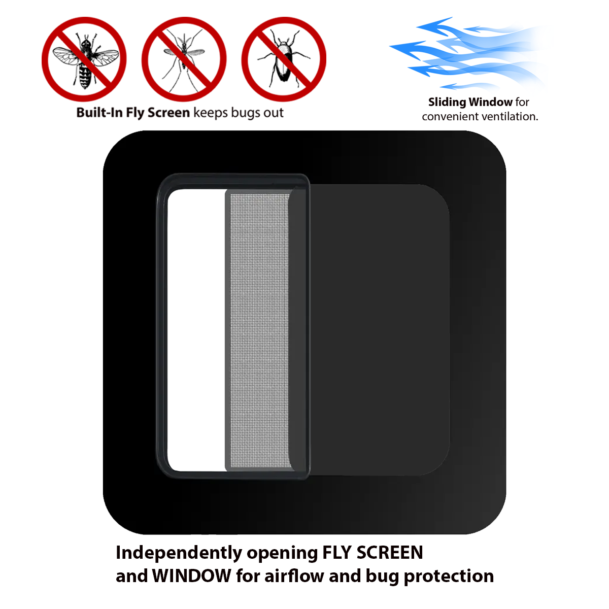 UNIVERSAL DRIVER SIDE SLIDING BUNK WINDOW 16.7″ x 16.7″ WITH FLY SCREEN